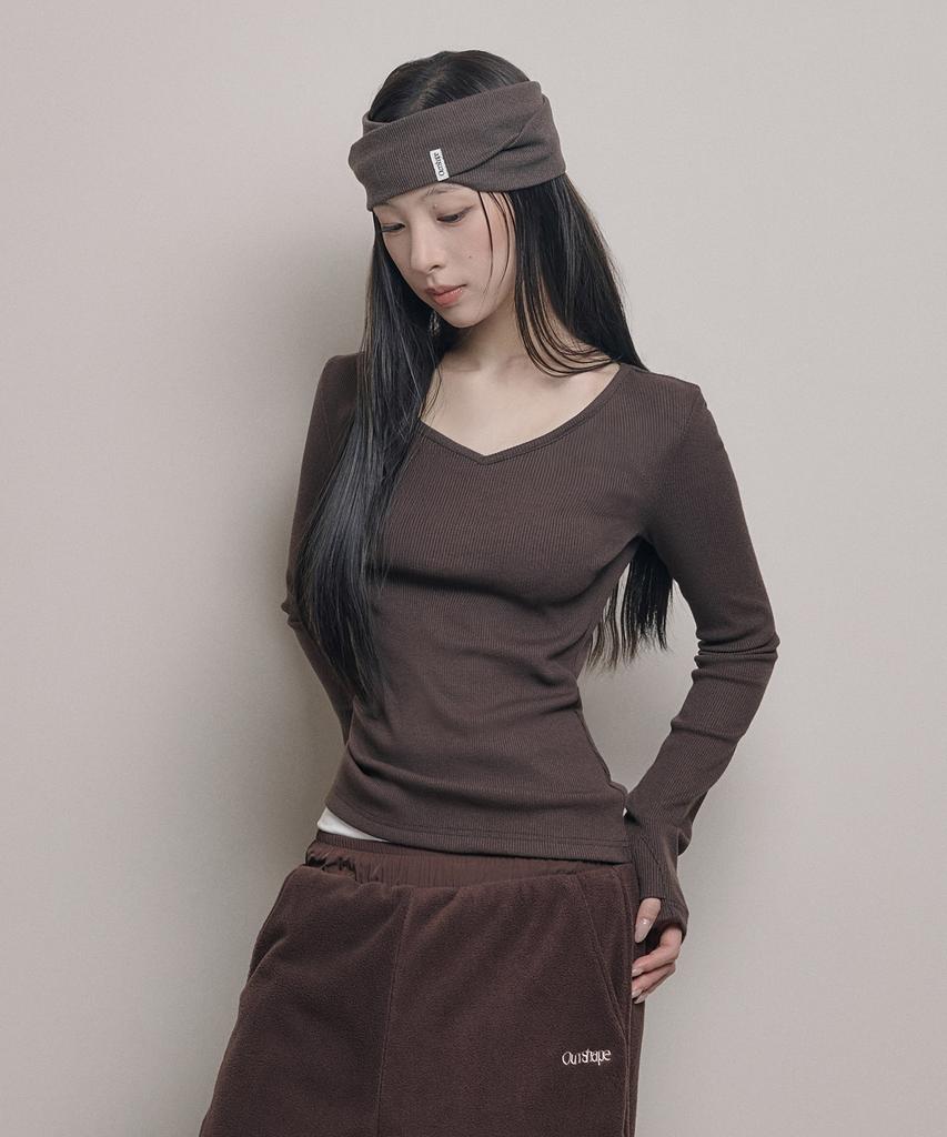 AWOSWEIB Slim Shape V Neck Longsleeve - Coffee Brown