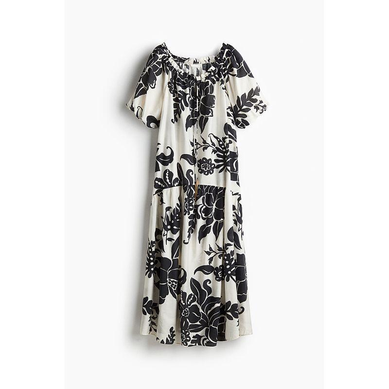 

HMS/S2025 Женская одежда Платье Лето Новинка Рубашка на кулиске Короткий рукав Растительный принт Длинная юбка 1276491 White/Black Florals 155/80