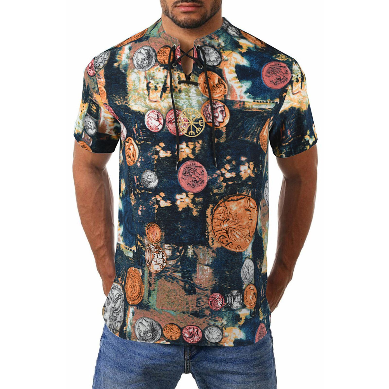 

Мужской летний повседневный модный свободный пуловер с коротким рукавом из хлопка и льна с принтом, повседневный топ XXXL тёмно-синий