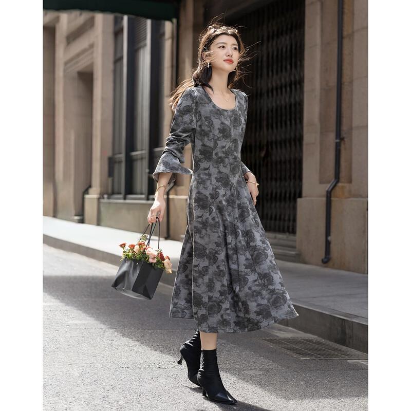 Demana Women's Winter Elegant Tie-Dye Print Flared Sleeve A-line Dress