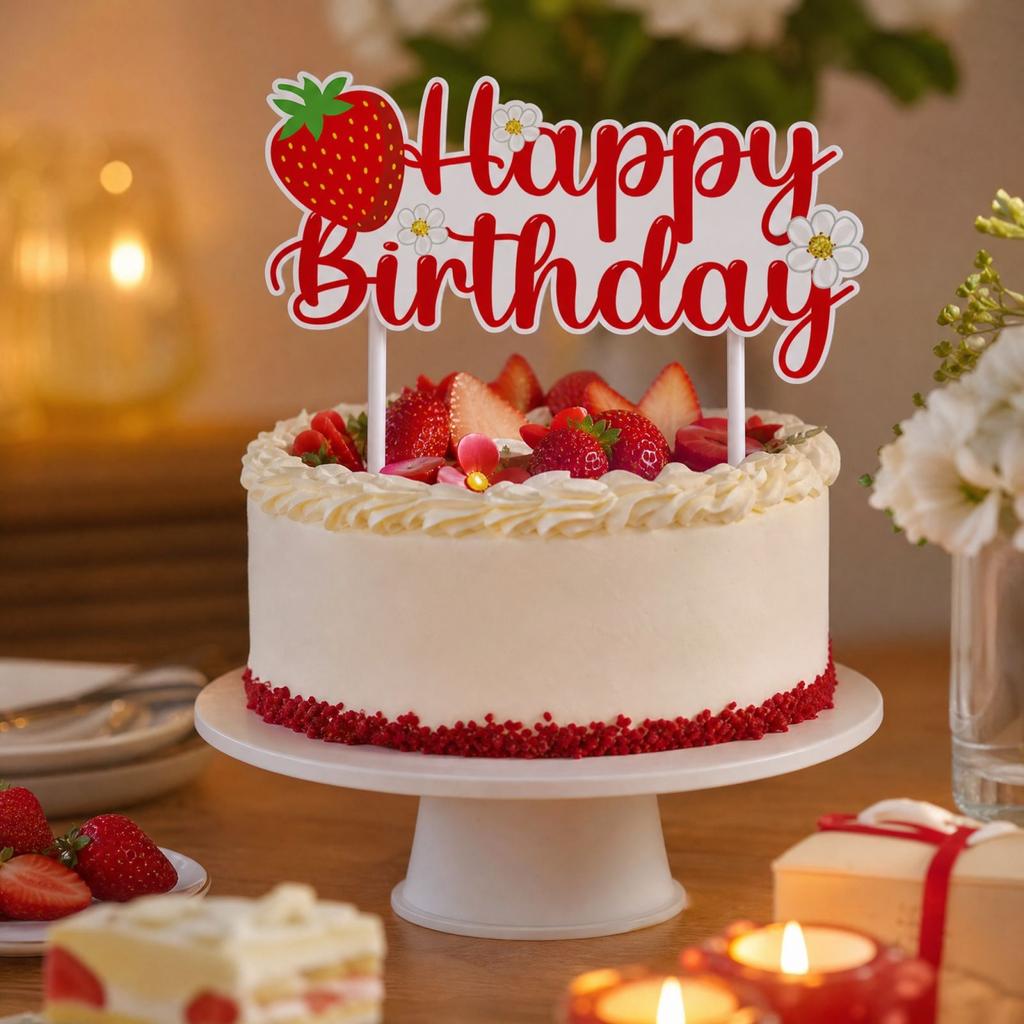 Strawberry Themed Birthday Party Topper Decoration for Dessert