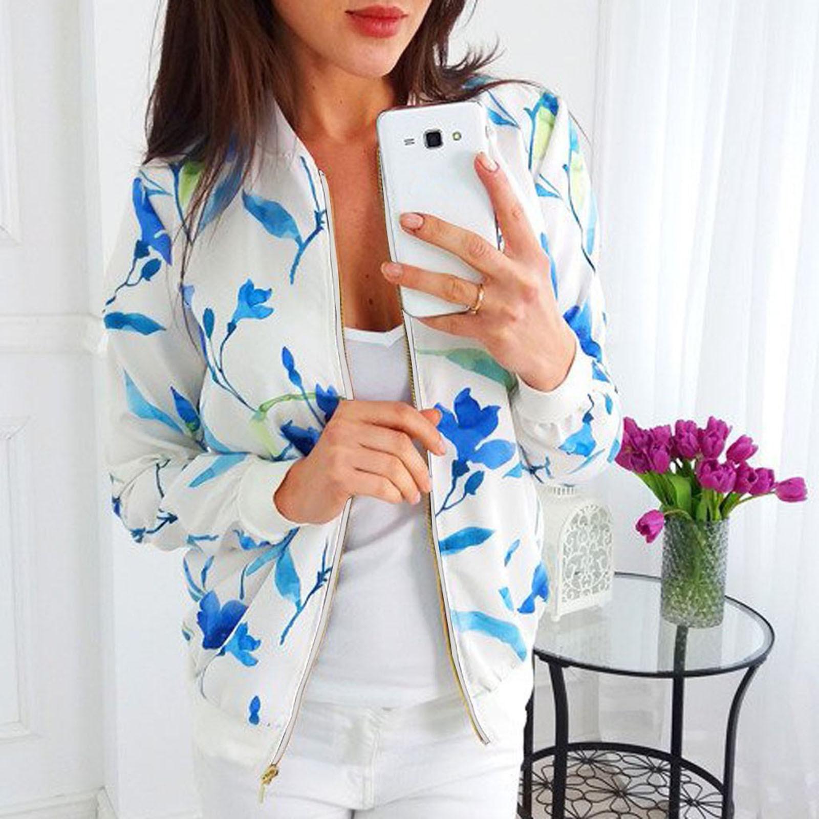 

Женская куртка на молнии с цветочным принтом в стиле ретро, ​​повседневные топы, пальто и верхняя одежда S белый