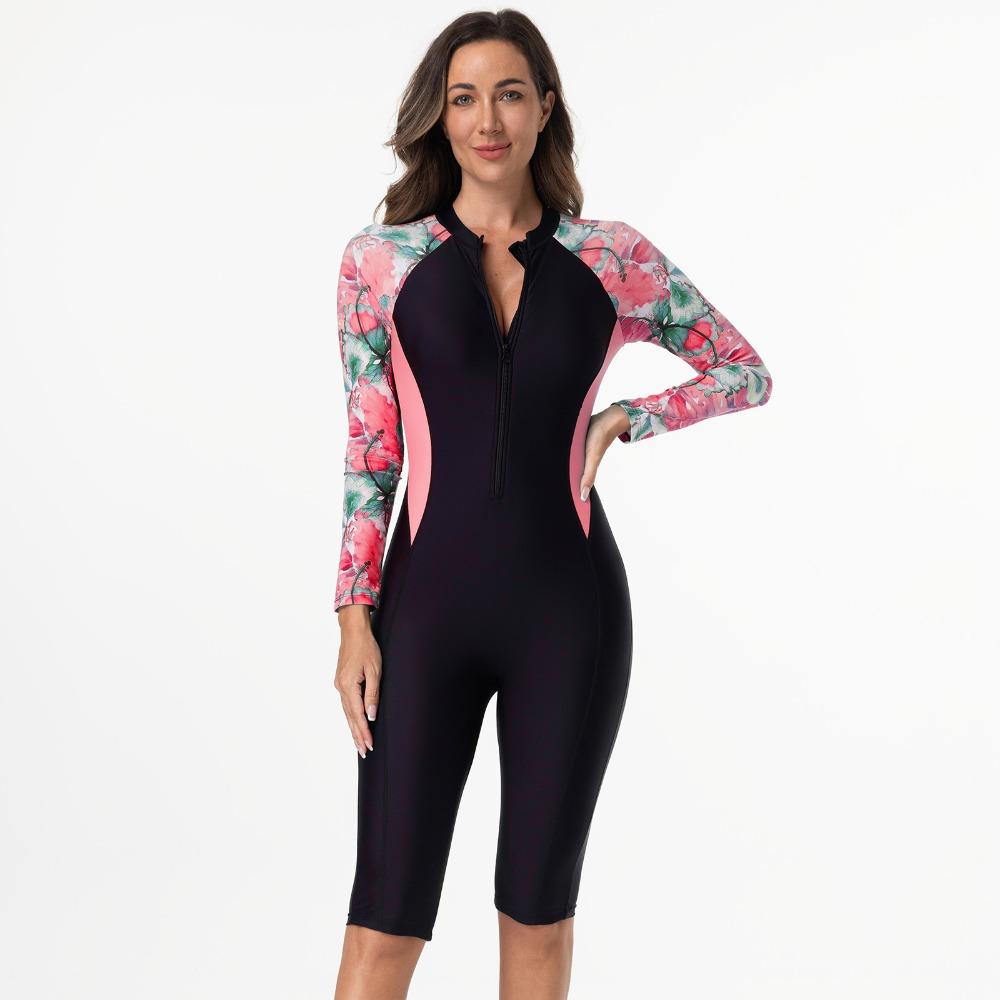European and American One-piece Swimming Flat Angle Diving Long Sleeve Printing Middle East Conservative and Thin Zipper Swimsuit Women