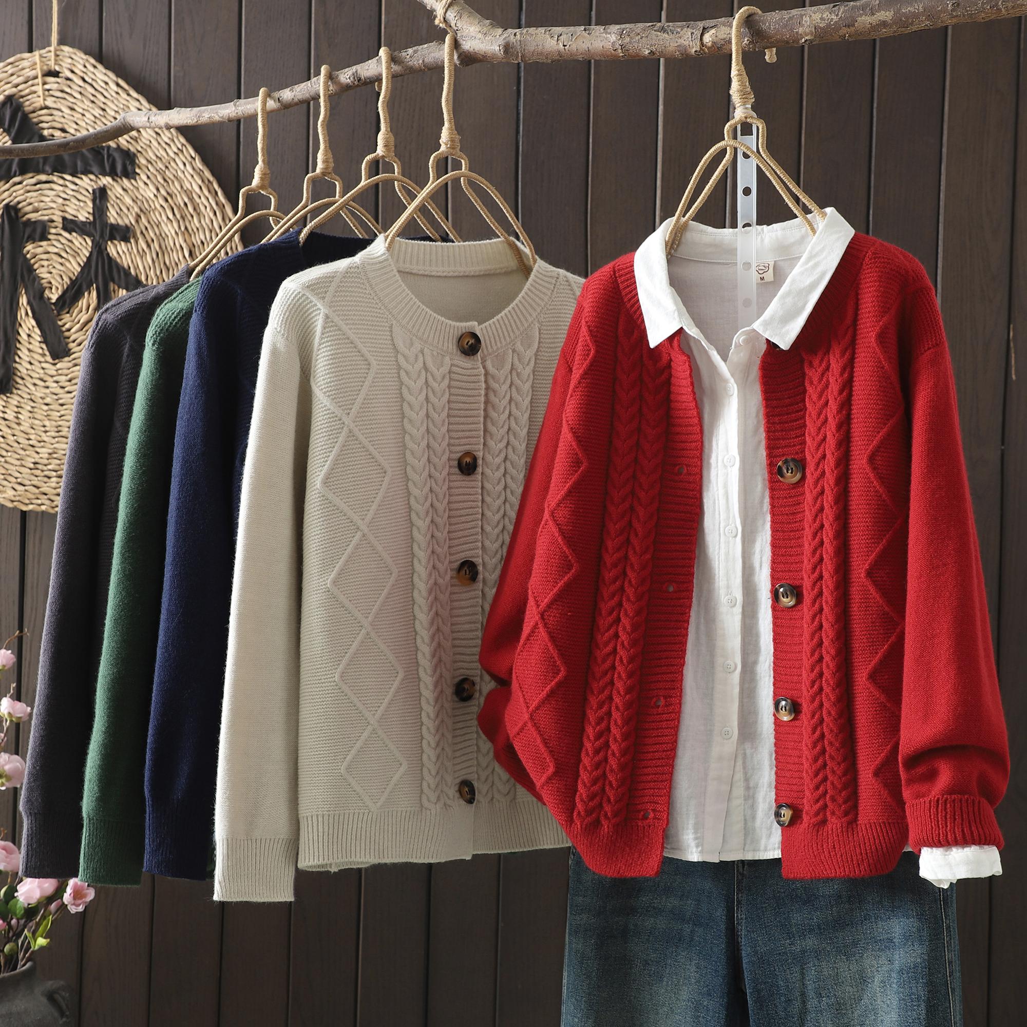 

Dimanaf 2025 Весна Женский Кардиган Свитера Пальто Вязаный Винтаж Зеленый Свитер Длинный Рукав One Size зелёный