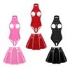 Womens Halter Bodysuit Patent Leather Crotchless Design with Flared Skirt for Lingerie Nightclub