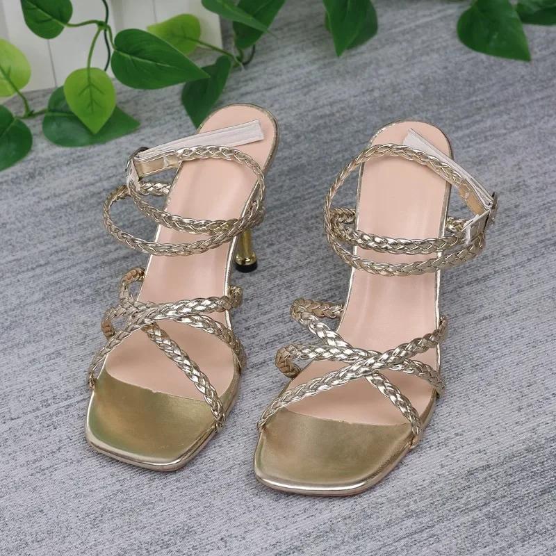 Hot Selling Versatile New Summer High Heels Women's Round Toe Thin Strap Patent Leather Open Toe Slim Buckle Large Size Sandals