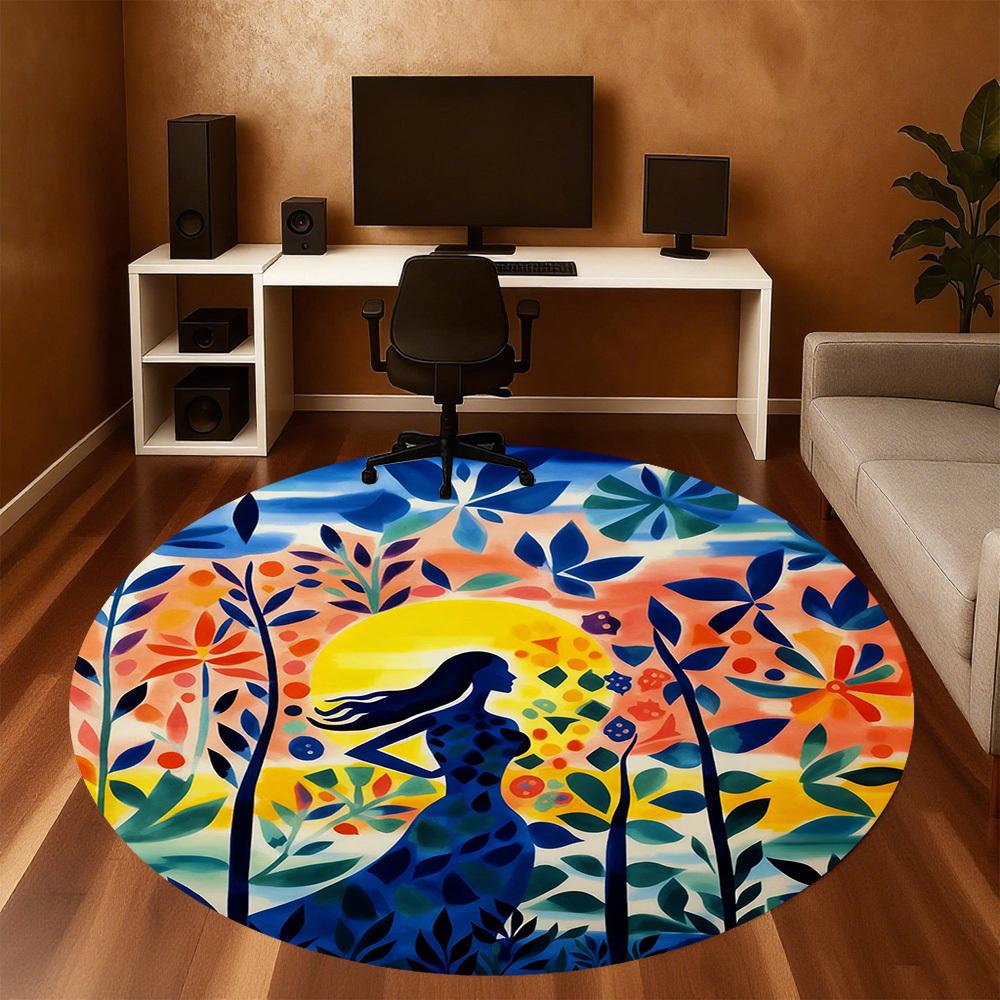 1pc Woman Forest Round Chair mat office Area Rug - Non-Slip, Floor Mat for Office, Bedroom, Ideal home decor gift p0105007