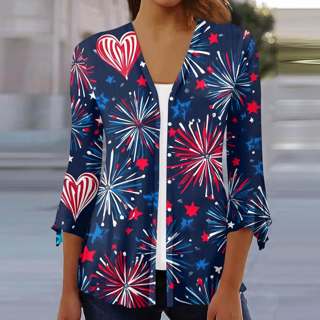 Women's Loose Casual Independence Day Printed Seven Sleeve Button Down Shirt Cardigan Top