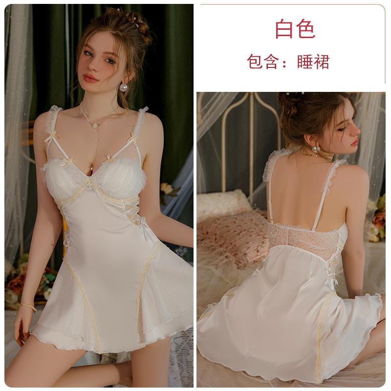 Satin mesh side seduction straps deep V plus chest pad nightdress robe women's loungewear set