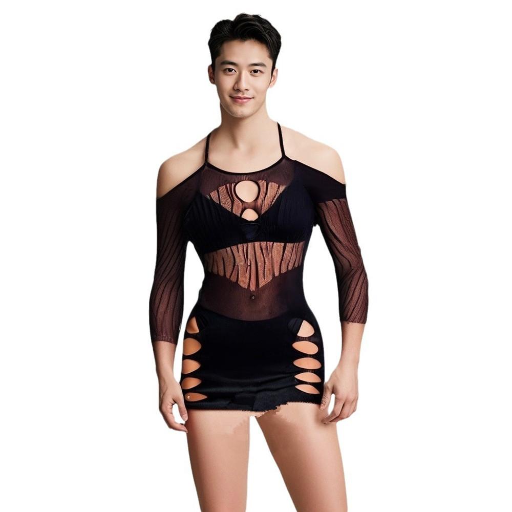 Men'S Sexy Mesh Lingerie One-Piece Bodycon Dress Crotchless Erotic Nightwear Cool Male Sexy Underwear For Boyfriend