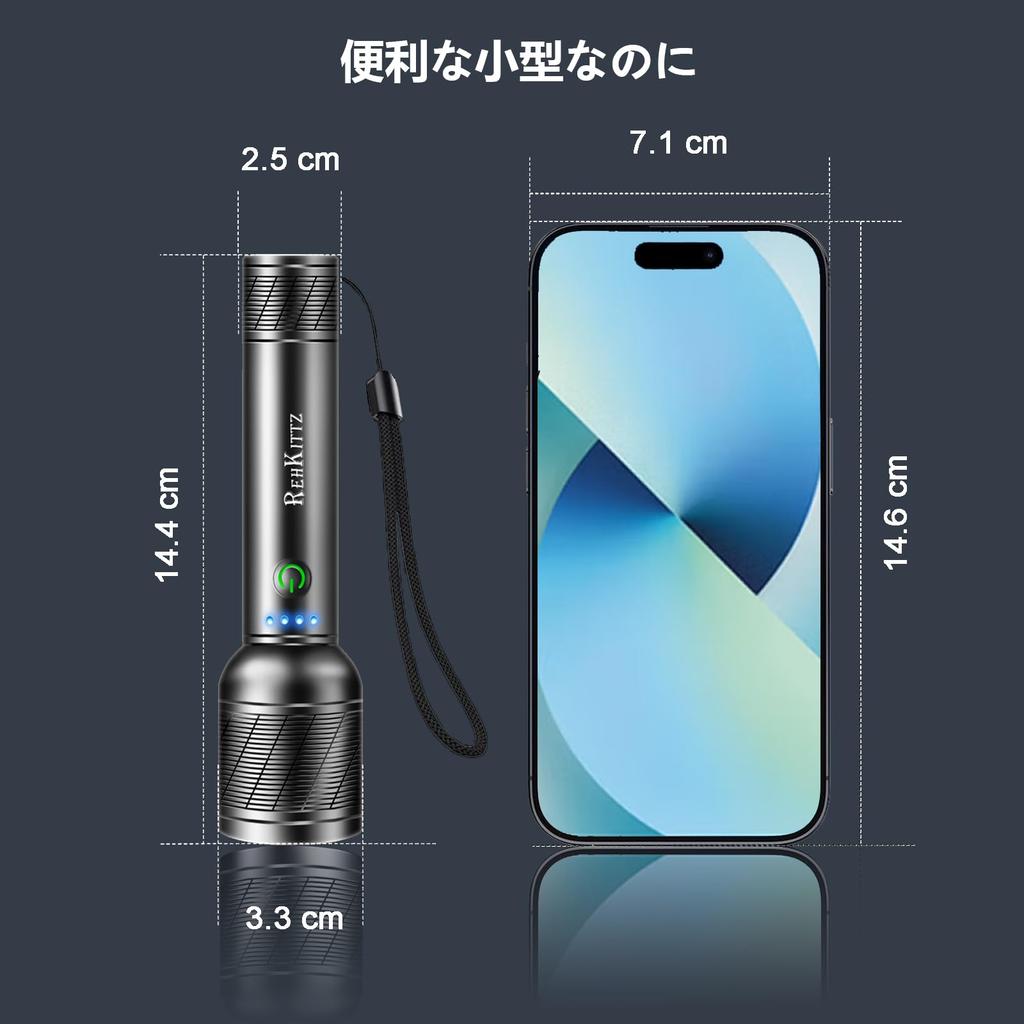 REHKITTZ LED 1600 mAh Large Capacity Long Standby Battery Level Aluminum Adjustable 5 Lighting Durable Flashlight for Emergency Preparedness