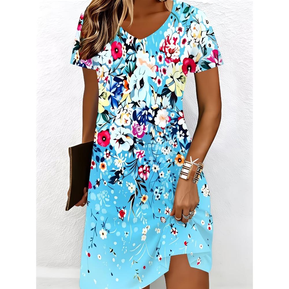 Large Size Women's Summer Casual Dress, Short Sleeved V-neck Floral Print Dress