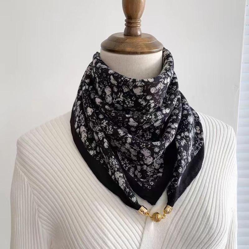 Women's 65" Silk Square Scarf with Magnetic Buckle – Autumn/Winter Print, Fashionable & Versatile Triangle Snood