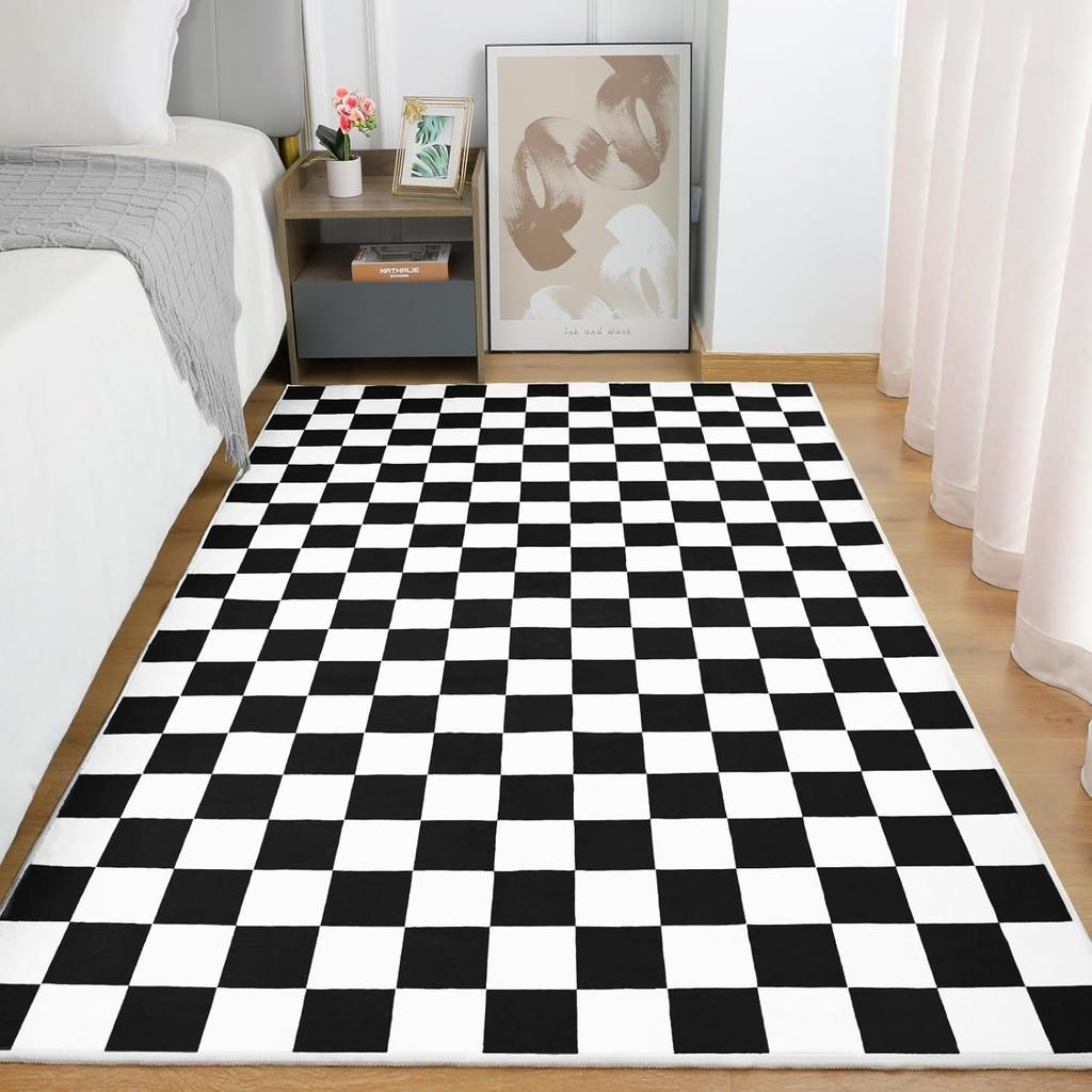 Black and White Checkered Rug for Living Room Bedroom, 6x9Soft Washable Area Rug with Non Slip, Low Pile Stain Resistance Carpet