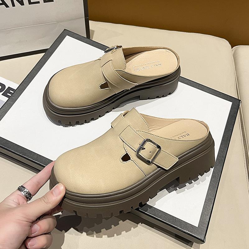 British Style Single Shoes Women's Popular Spring New Bag Head Half Slippers Women's Platform Belt Buckle Fashion Casual Women's Shoes