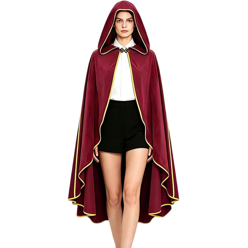 Women's Costume Cape with Hood Faux Vintage Gold Trim 6 Colors for Halloween Party