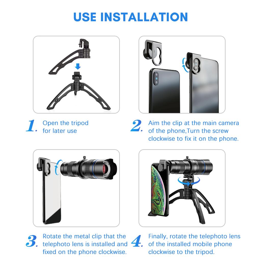 Metal HD 20 40X Zoom Single Tube Telescope External Dual Adjustment Monocular Phone Telephoto Lens with Tripod