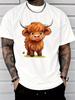 Cute Fluffy Highland Cow Cartoon Animal Graphic Unisexs Cotton Crew Neck Tee Short Sleeve Loose Casual Daily Street Male Wear Top