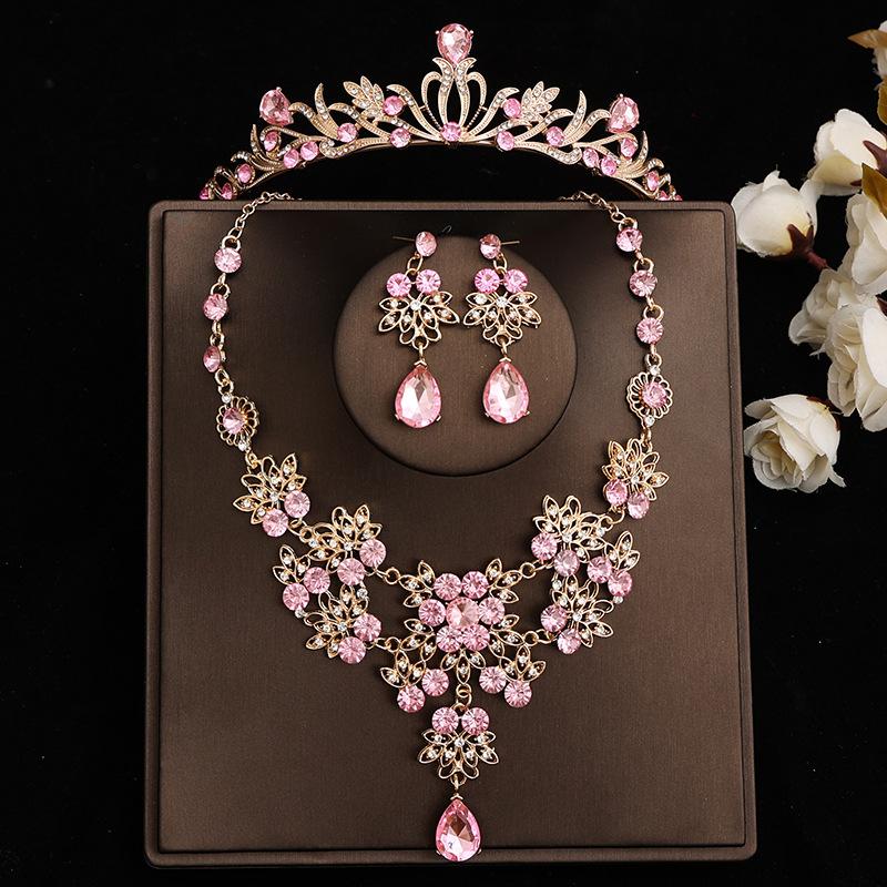 Pink Bridal Crown Three Piece Suit Wedding Crown Tiara Necklace Earrings Korean Super Fairy Wedding Dress Accessories