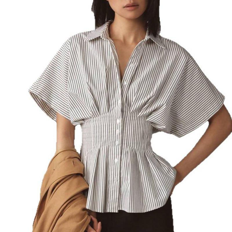 Summer New Women's Design Waist Shirt Casual Versatile Striped Pleated Slim Top