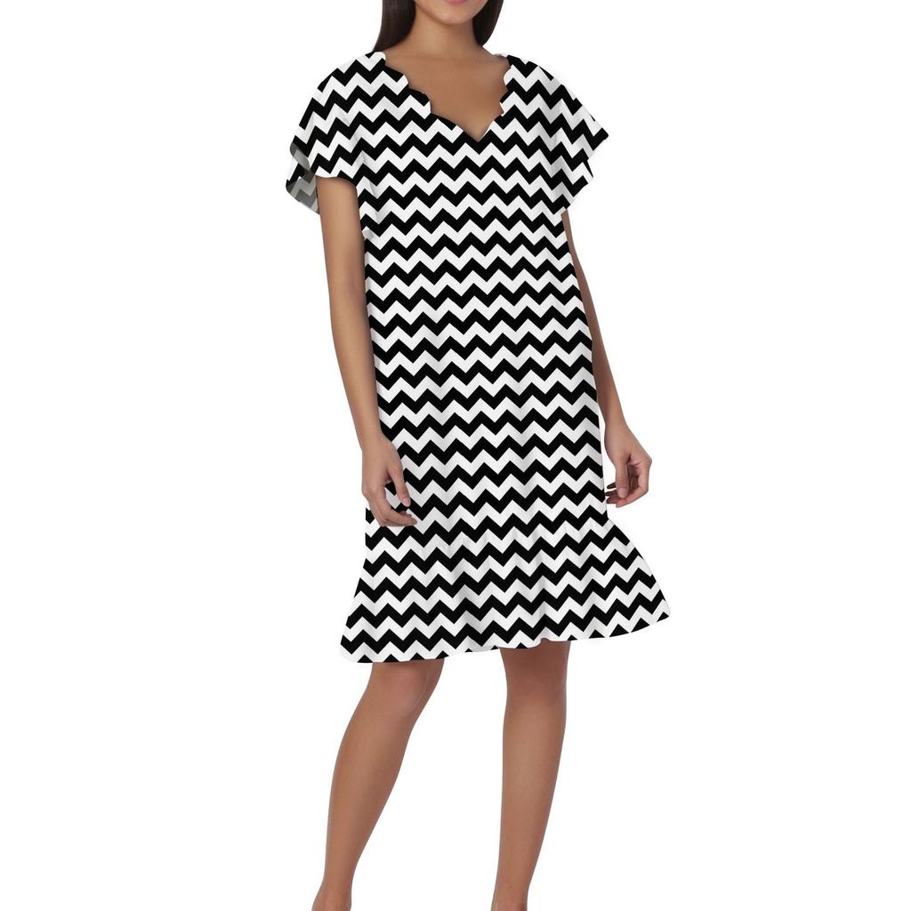 Women's Fashion Casual V Neck Wavy Edge Striped Plaid Print Short Sleeve Dress