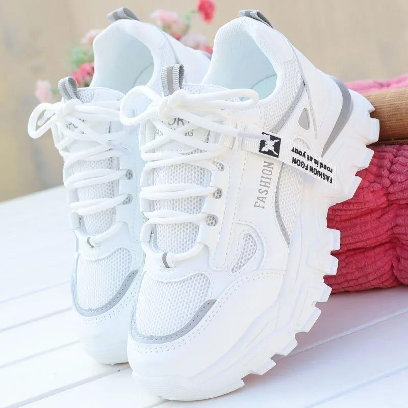 Fashion Spring Autumn Women Sneakers Breath Thick Bottom Lightweight Sports Shoes Lace-up Wedge Sneakers Women Comfortable Leisure Shoes