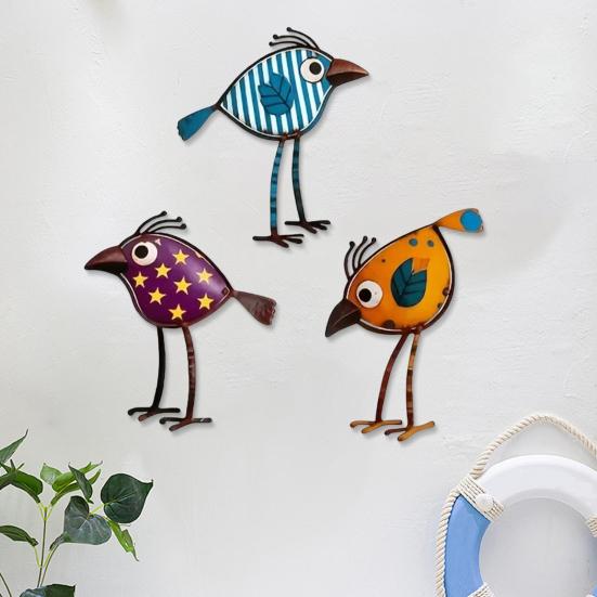 3Pcs Wooden Birds Wall Art Decor, Colorful Bird Wall Hangings, Funny Bird Wall Sculpture with Polka Dot Star Pattern Leaf Design for Farmhouse