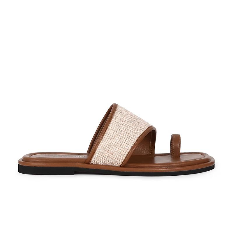 

Sheepskin square head cover toe straw splicing beach flat bottom slippers women s feet sandals outside wear 40 коричневый