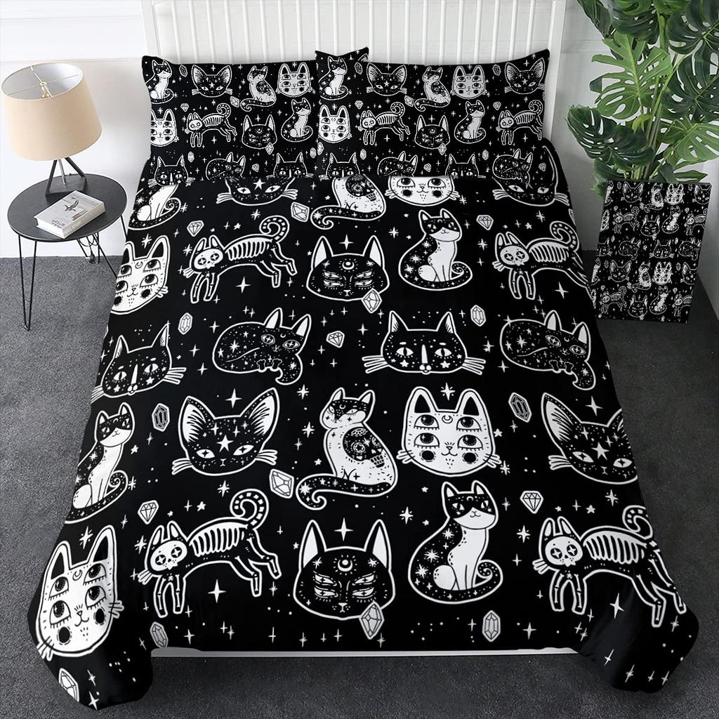 Witch Black Cat Duvet Cover Set Full,Cat Sitting On Moon Bedding Set Vintage Gothic Animals Cat Comforter Cover 2/3pcs Bed Sets