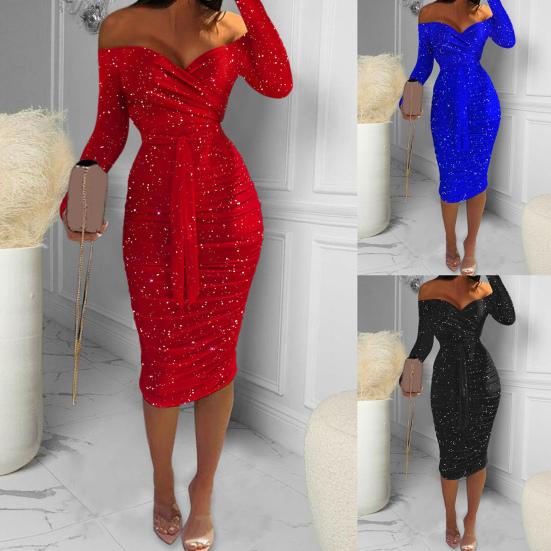 Damenkleid Kontrastfarben Schulterfrei V-Ausschnitt Slim Fit Frühling Etuikleid