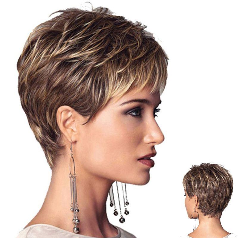 Stylish Ladies Curly Brown And Golden Short Wavy Wig With Natural Bangs For Fashion