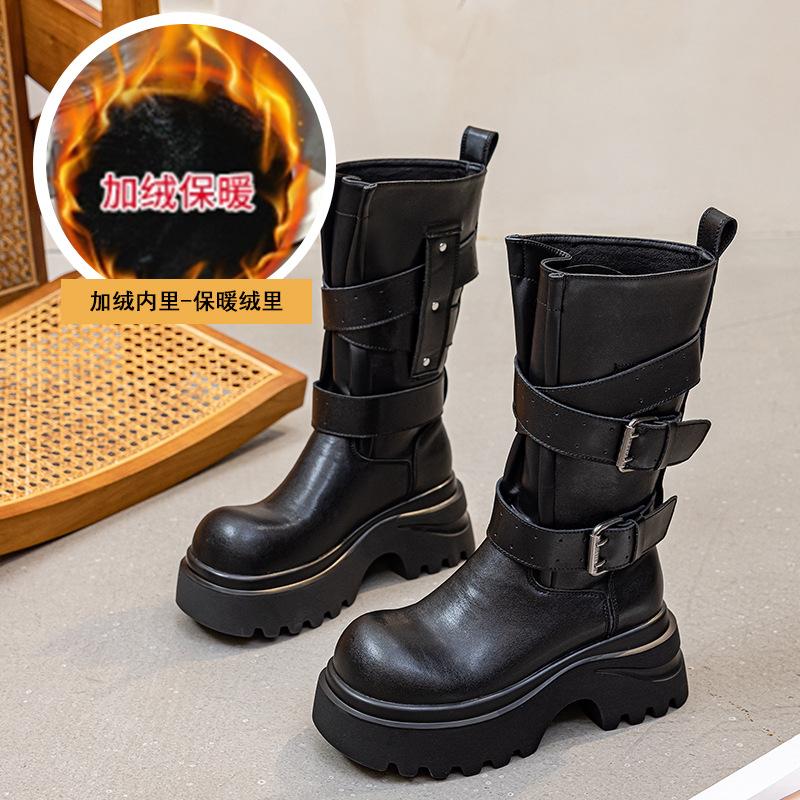 

Дизайн с пряжкой на ремне средней высоты, рыцарские ботинки, женские однотонные простые универсальные ботинки с большим носком, новинка осени и зимы, ботинки Мартин 40