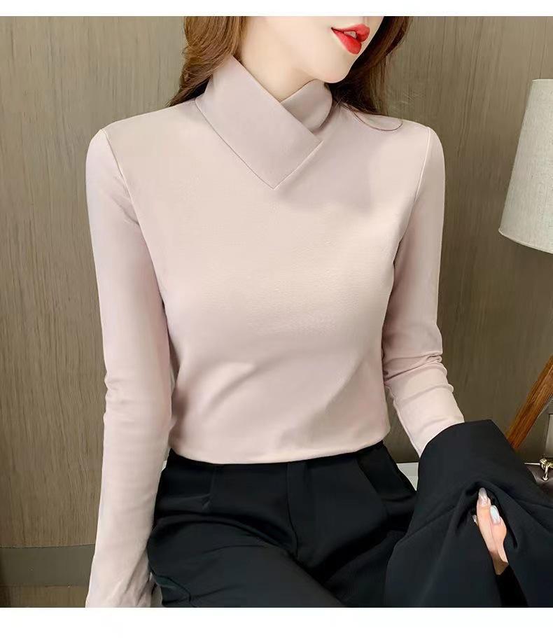 Women's Half-High Collar Fleece Base Layer Shirt – Versatile Long Sleeve T-shirt for Autumn/Winter.