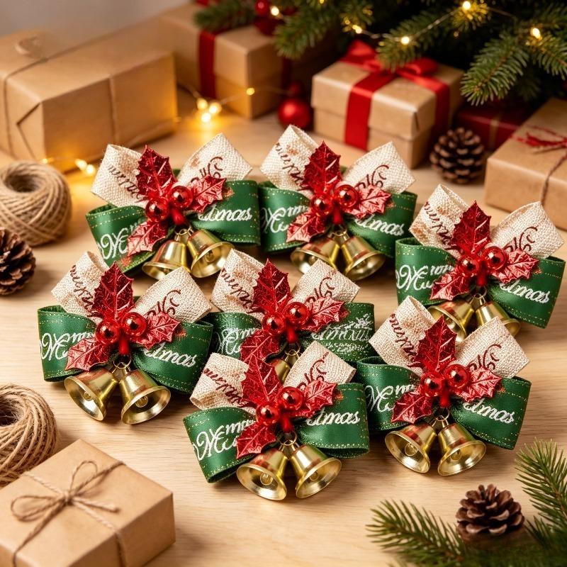 10PC Christmas Bow Bells for Christmas Tree Decora Gift Wrapping Weddings New Year Parties Small Ornaments with Golden Tips