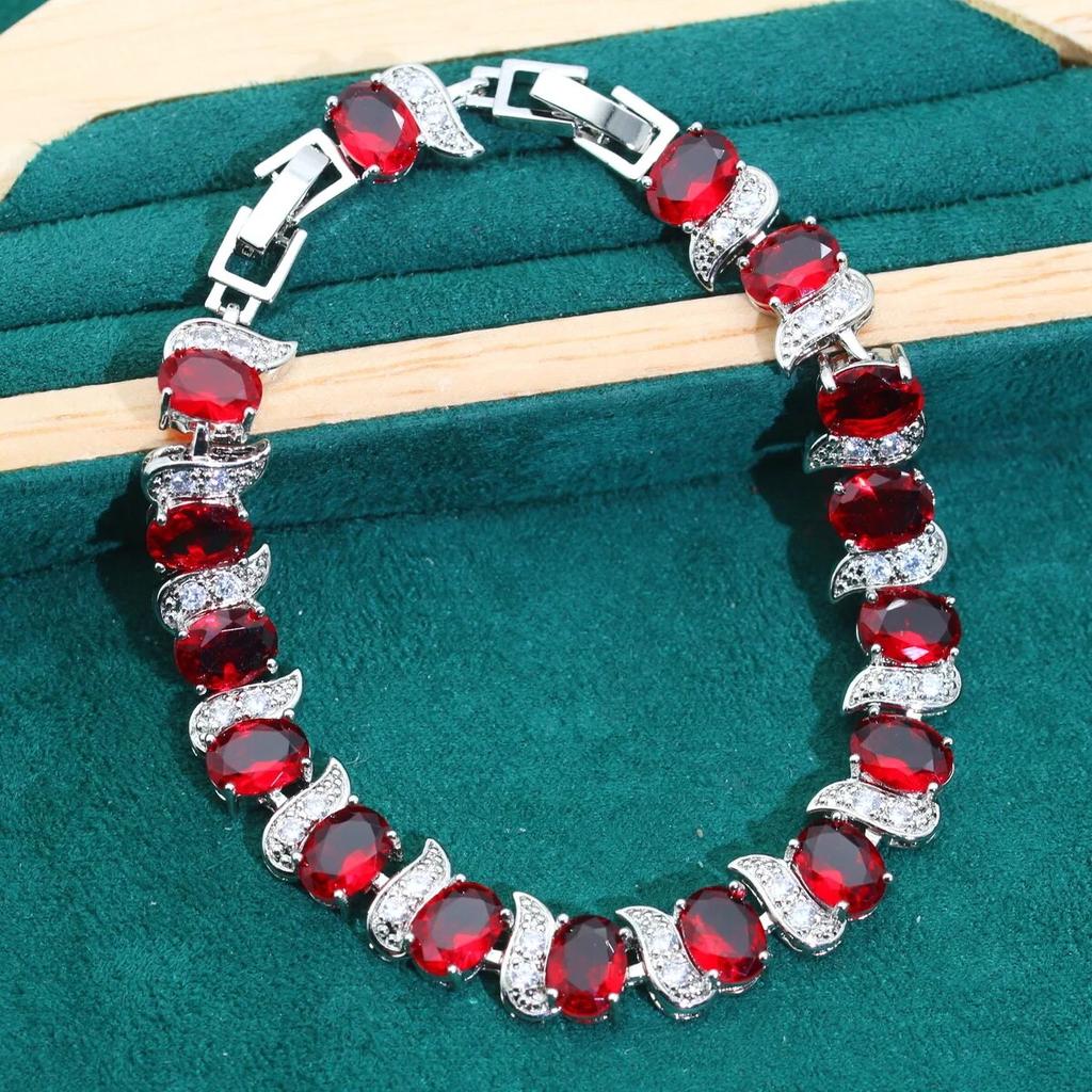 Personalisierte 925 Silber Schmuck Sets für Frauen Hochzeit Rot Zirkon Armband Ohrringe Halskette Anhänger Ring Urlaub Geschenke