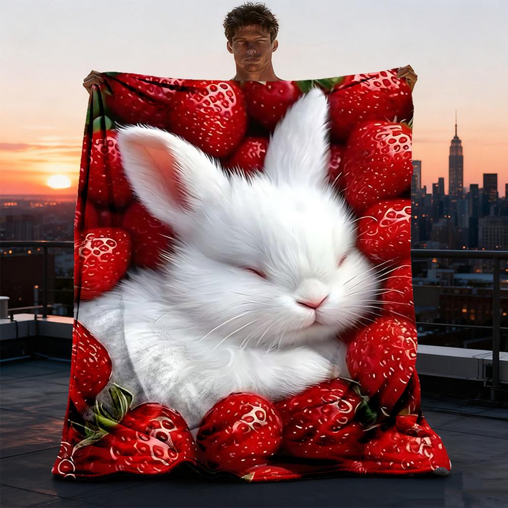 1pc Strawberry Bunny Outdoor Flannel Blanket , Machine Washable Perfect Gift for Birthday , Holiday Travel Accessory , Durable Material