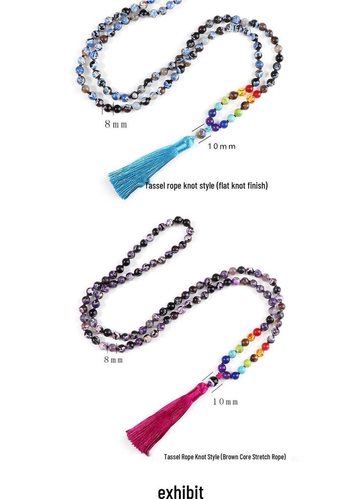 Creative 108 Beads Colorful Stone Necklace & 8mm Chinese Tassel Knot Bracelet