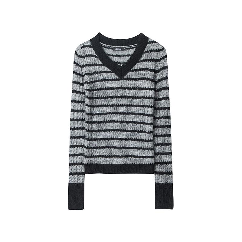 

Женский элегантный полосатый дизайн, облегающий и утягивающий универсальный трикотажный топ, пуловер, свитер с длинными рукавами L чёрный