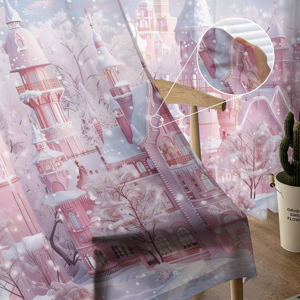 Christmas Snow Scene Pink Curtains For Living Room Bedroom Home Decoration Window Voile Tulle Curtain Drapes