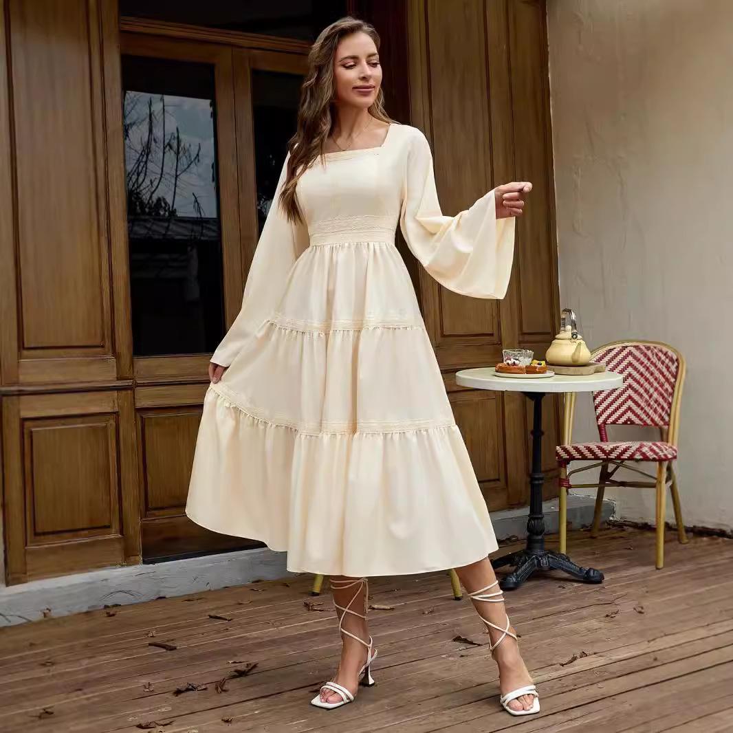 European & American Women s Lace Trim Flare Sleeve Square Neck Long Dress - Halloween Special Gown XL шампанского