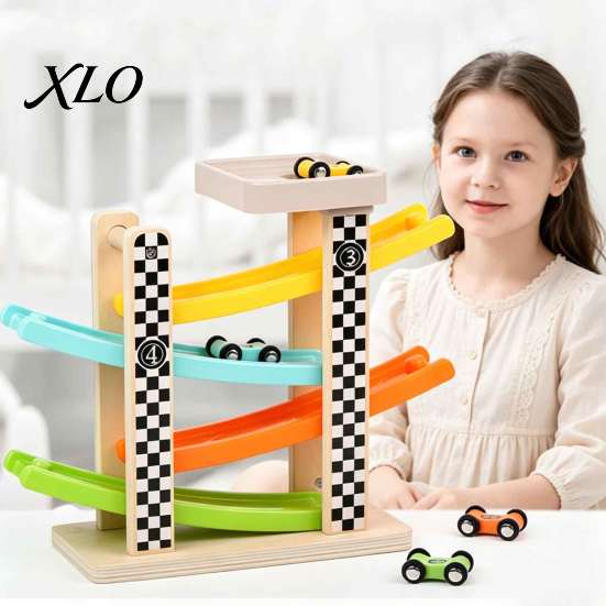 Interactive Slide Track Set Wooden Ramp Racer Car Toy, 4 Numbered Mini Cars And Parking Lot Sturdy Design, Development Hand-eye Coordination