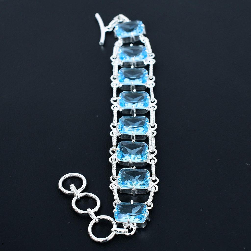 Faceted Aquamarine Bracelet 925 Sterling Silver Jewelry Adjustable Chain Bracelet Cushion Shape Gemstone Handmade Jewelry Gift For Her