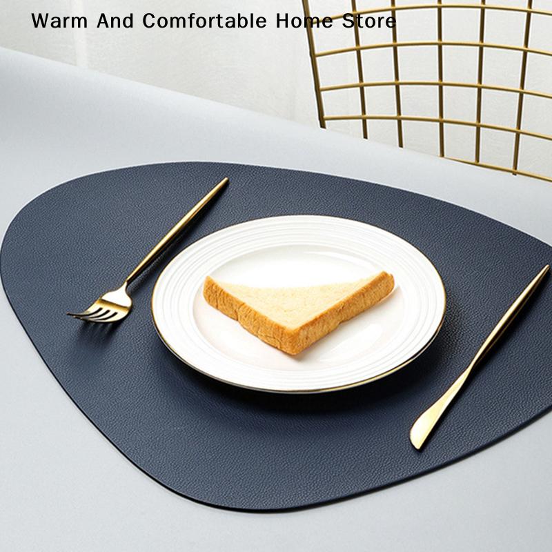 Double Sided Anti Slip PU Insulation Pad Table Mat, Nordic Style Imitation Cowhide Pattern Water Droplet Shaped Leather Placemat