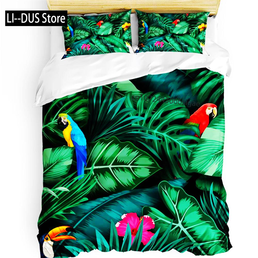 Comforter Parrot King Queen Bedding Set Cute Birds Colourful Feather Tropical Flowers Comforter Polyester