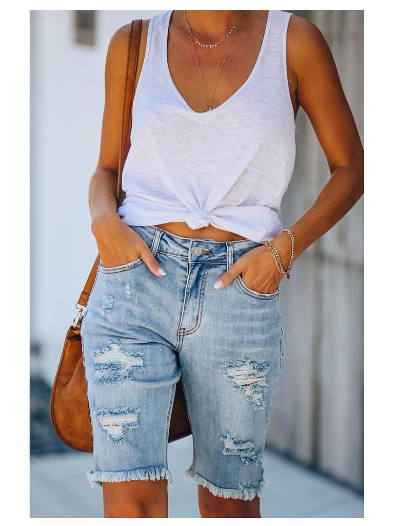 European Summer Tassel Ripped Skinny Cropped Jeans - Women's Mid-Waist Fashion