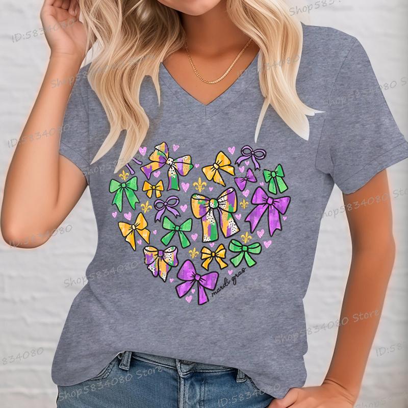 2025 New Womens Mardi Magic Bows Tshirt Summer Fashion Short Sleeved Top New Orleans Bows Print V Neck Party FeUnisex Tshirt