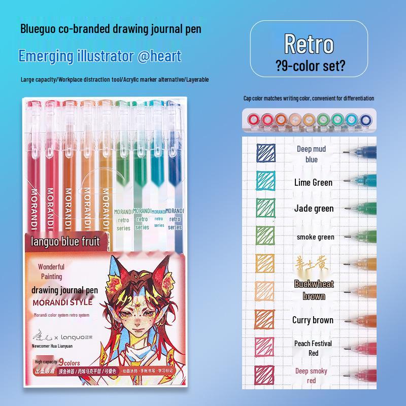 Blue Fruit Nine-Color Gel Journal Pens for Students - Doodle, Color, and Highlight with Fluorescent Markers