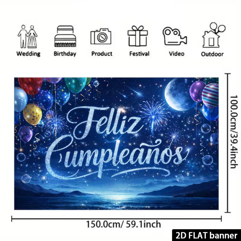 2D Happy Birthday Blue Banner, Party Decoration with Balloons and Fireworks