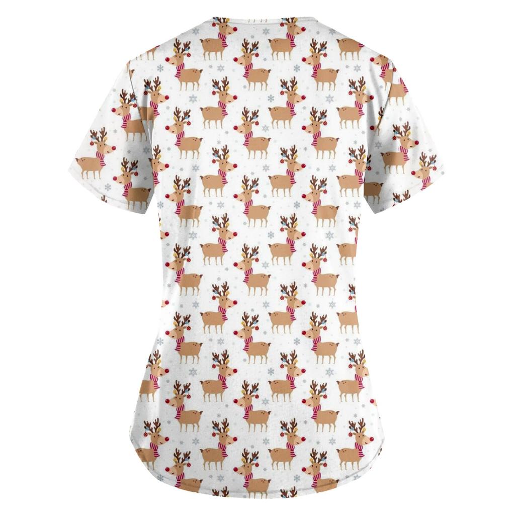 Women's Fashion V-neck Short Sleeve Workwear With Pockets Christmas Printed Tops