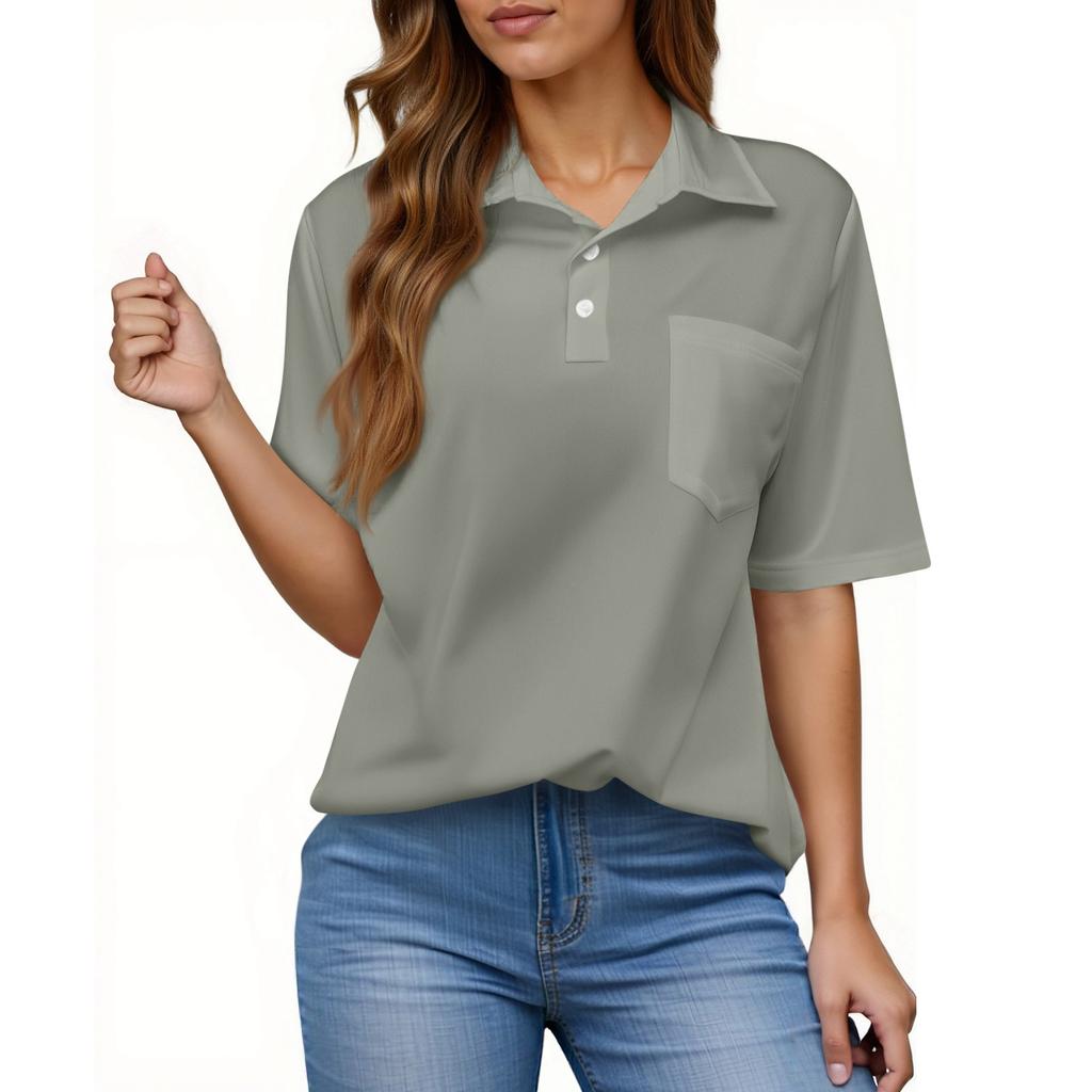 Women's Fashion Casual Button Pocket Shirt Short Sleeve Solid Color Lapel Top